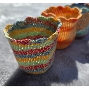 Hand Crocheted Mini Basket Bowls 3x4in Jewelry Trinket Stash Cottage Five Pieces